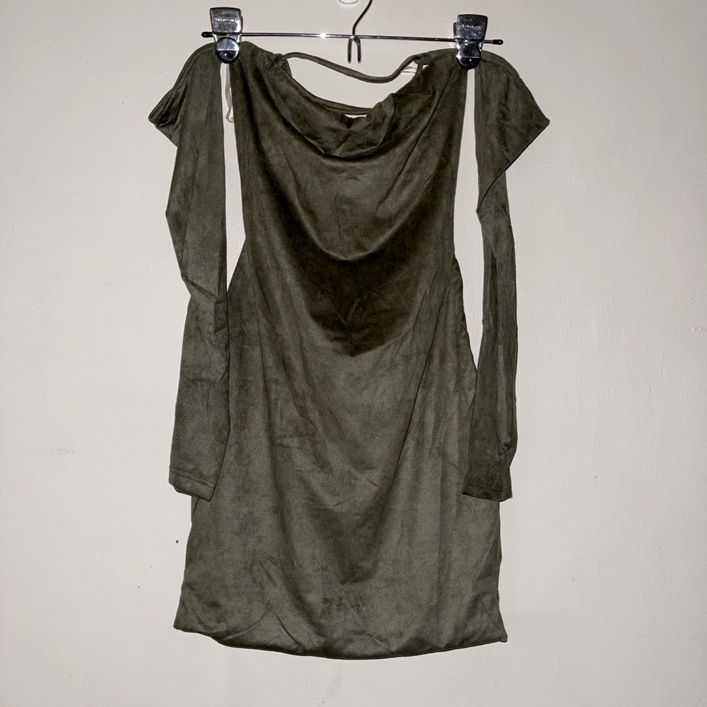 Akira green suede long sleeve off shoulder dress